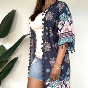 Navy/Pink print midi sleeve kimono